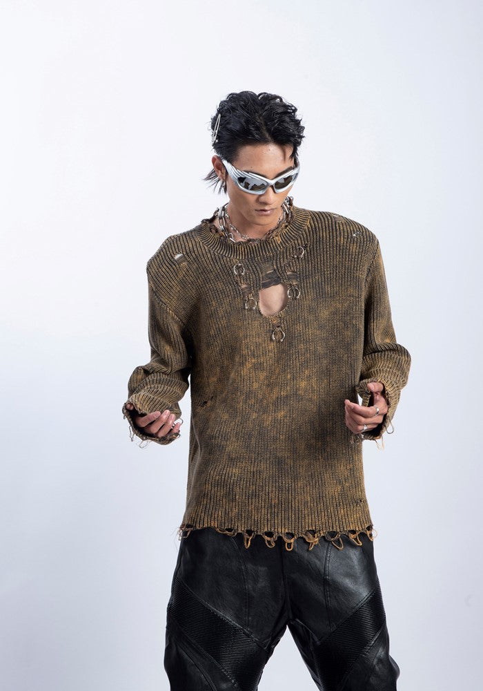 【PLAN1ONE】Tight silhouette mid-length distressed long-sleeved T-shirt  PL0042