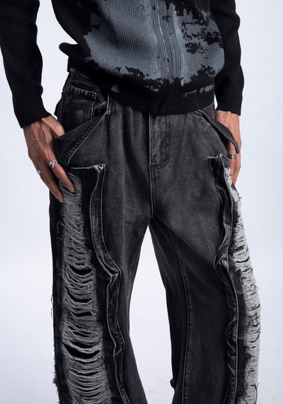 【PLAN1ONE】Side damage processing gimmick design wide straight denim pants  PL0038