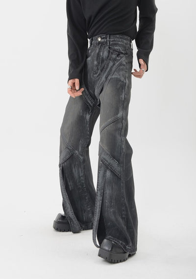 【LUCE GARMENT】Full line design dark dull design wide flare denim pants  LG0059