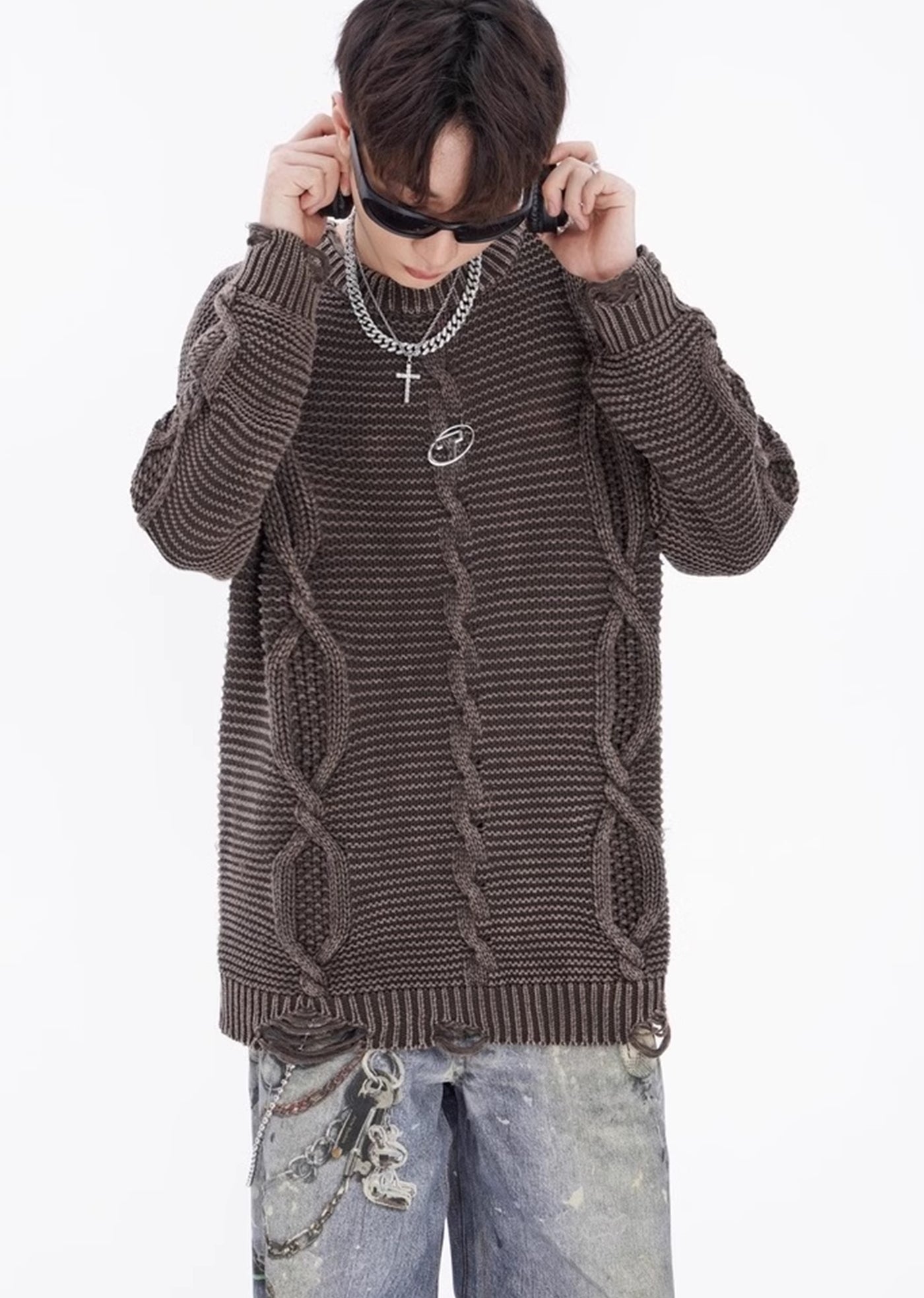 【NOONOZ】Gimmick Wave Design Dark Color Knit Sweater  NN0003