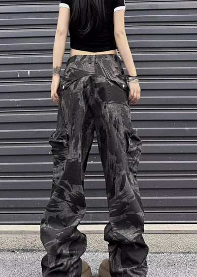 【W3】Dark camouflage design wide straight silhouette pants  WO0076