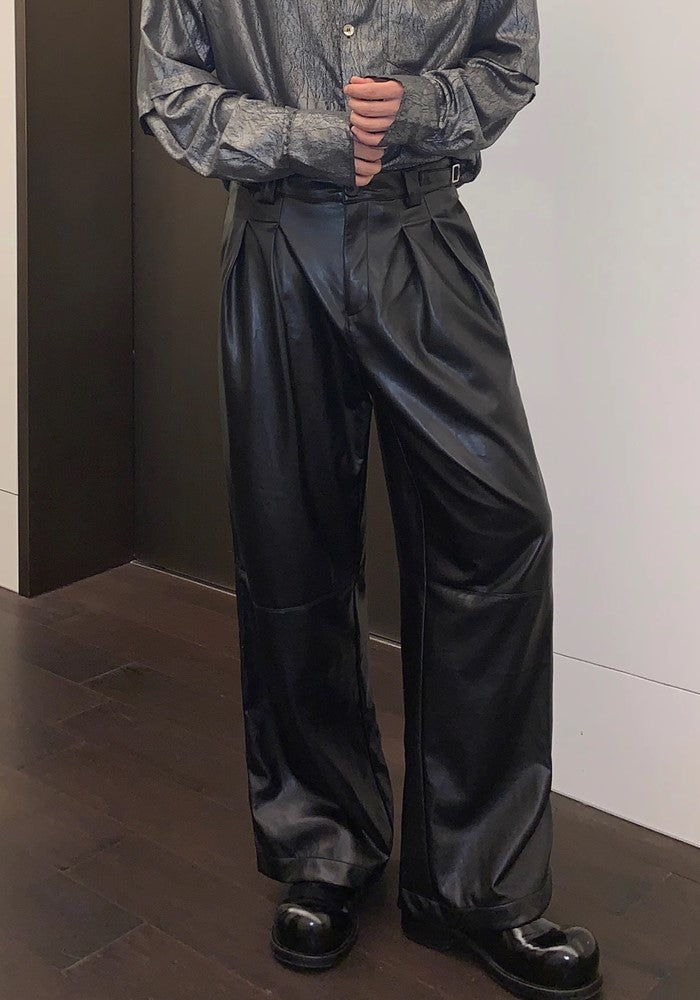 【CUIBUJU】Glossy design wide straight silhouette leather pants  CB0050