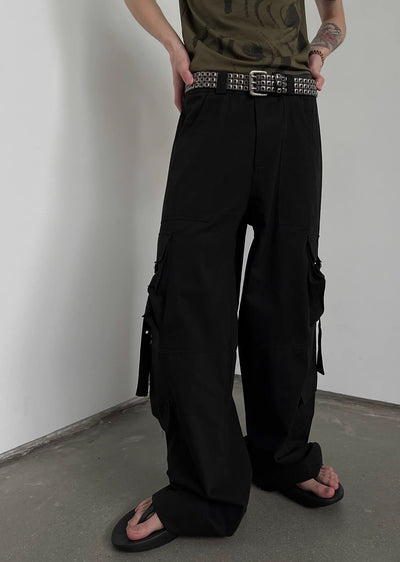 【SOULWORKER】Side suspender design wide style loose cargo pants  SW0029