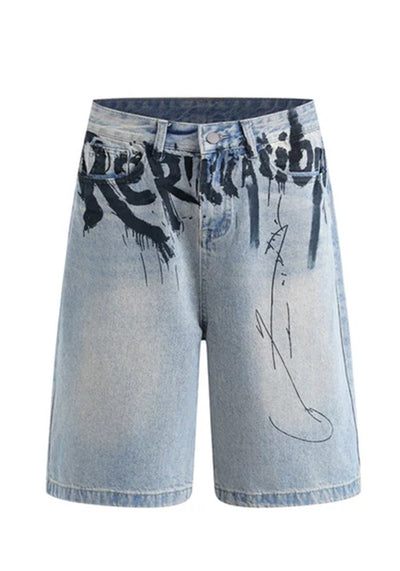 【BTSG】Blood initial design dull blue half denim pants  BS0025