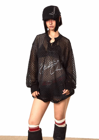 【BLACK BB】See-through design active style mesh long sleeve T-shirt  BK0026