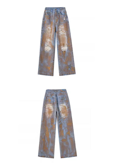【YUKAHOUSE 】Grunge countless stains middle damage wide flare silhouette denim pants  YO0008