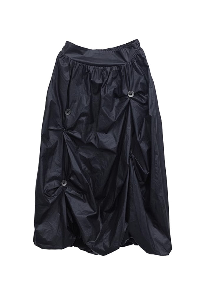 【FUZZYKON】Special tuck design silhouette black wide poncho style skirt pants  FK0033