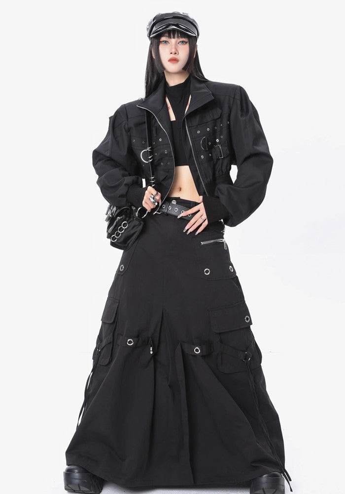 【ROY11】Wide over silhouette gimmick black skirt  RY0005