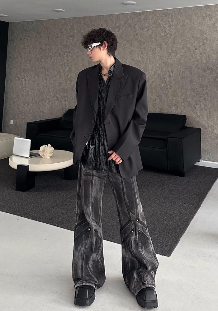 【MARTHENAUT】Random wash dark black flared wide denim pants  MH0043