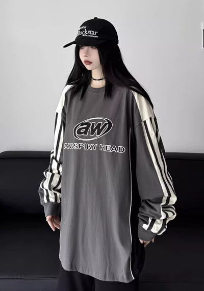 【W3】Bright color double design line initial long sleeve T-shirt  WO0069