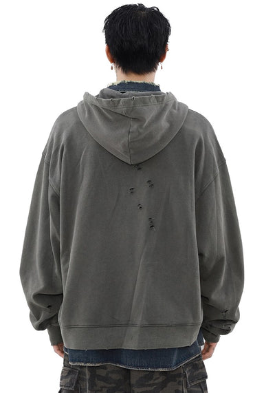 【MR nearly】Dull base color mid-length design damaged full zip hoodie  MR0142