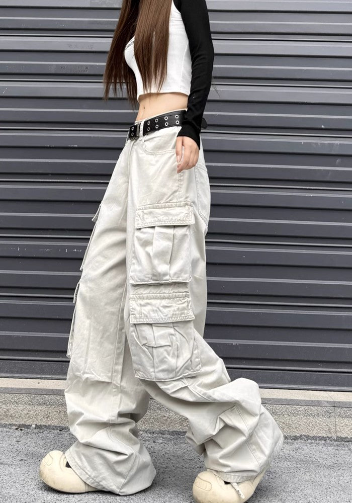 【W3】Double pocket wide silhouette base muted color cargo pants  WO0082