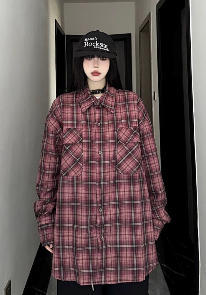 【W3】Basic dark color check pattern design long sleeve shirt  WO0085