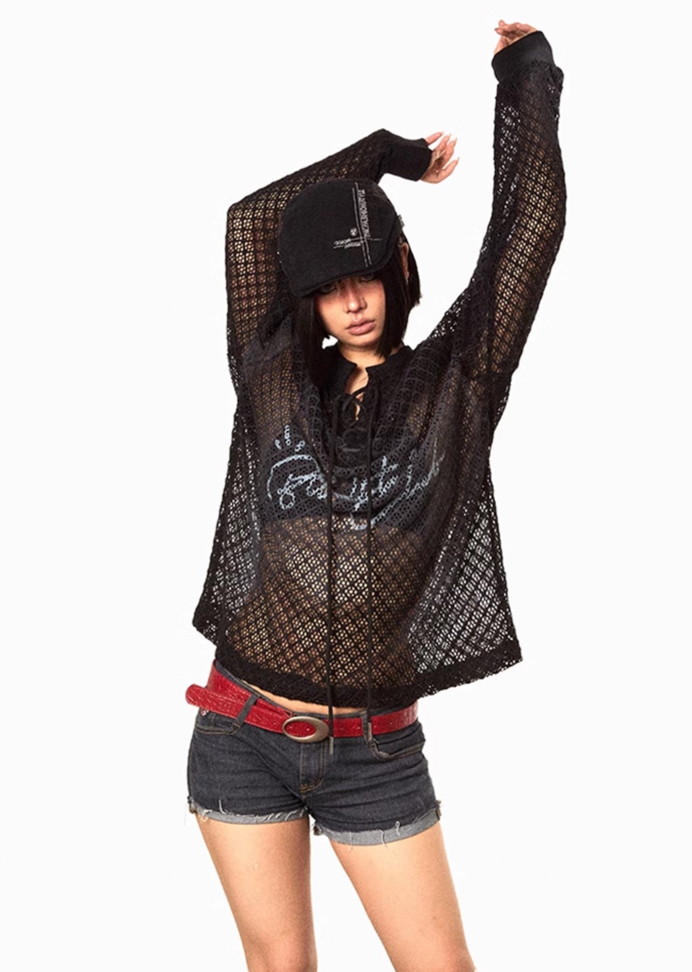 【BLACK BB】See-through design active style mesh long sleeve T-shirt  BK0026