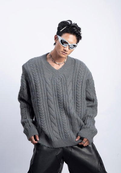 【PLAN1ONE】Simple baseline design V-neck silhouette knit sweater  PL0050