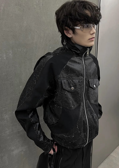 【SOULWORKER】Black Gimmick Leather Wide Full Zip Jacket Outerwear  SW0019