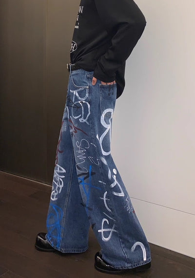 【CUIBUJU】Countless graffiti design casual street wide denim pants  CB0052