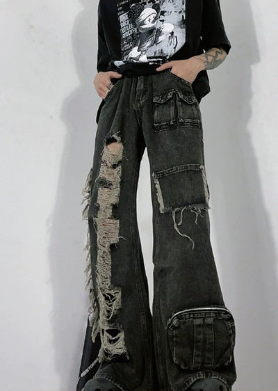 【76street】Left and right design wide cargo distressed silhouette denim pants  ST0001
