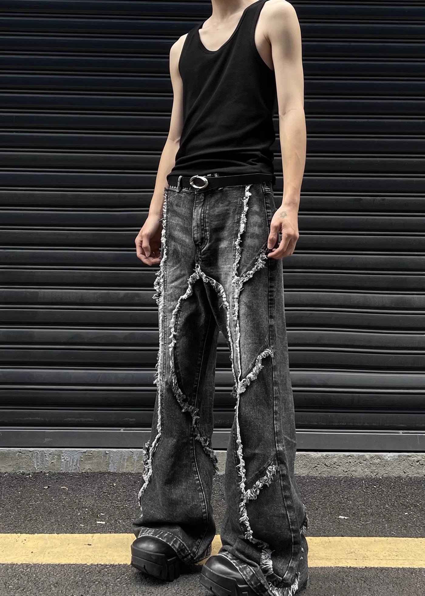 【MAXDSTR】Fringe distressed line black high wide denim pants  MD0141