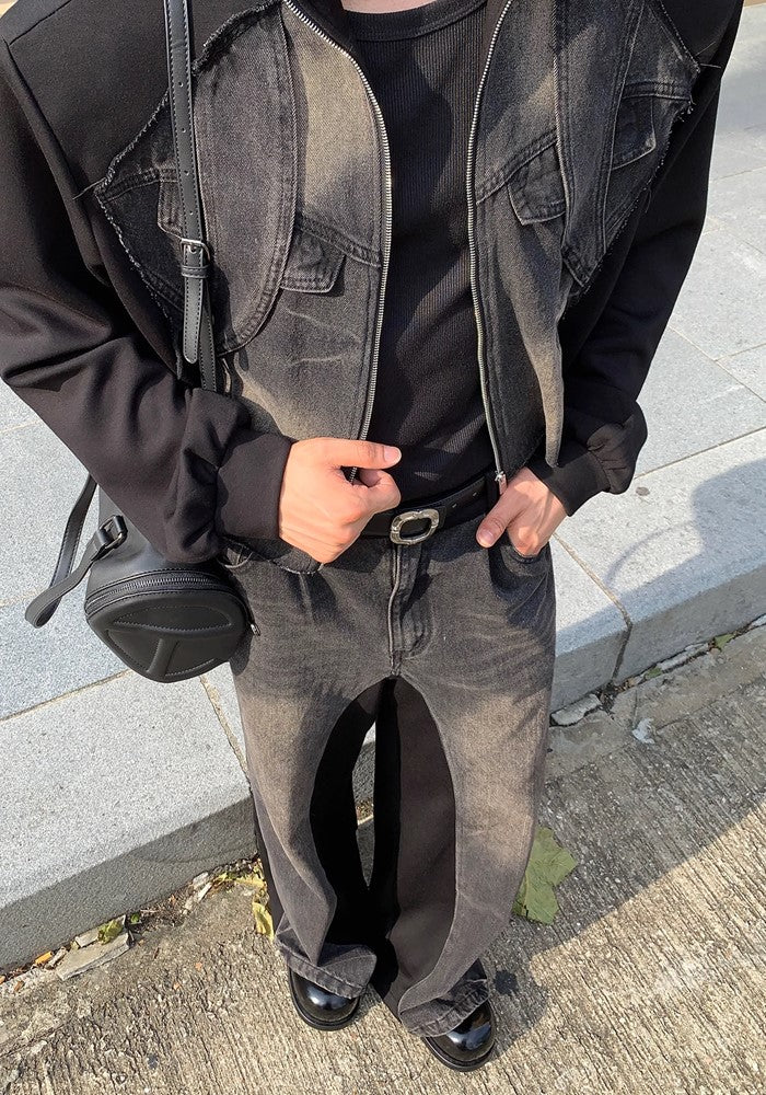 【CUIBUJU】Double-washed gimmick silhouette design denim setup  CB0049