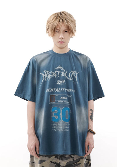 【MR nearly】Grunge wash multi-point initial design short sleeve T-shirt  MR0120