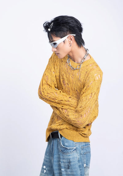 【PLAN1ONE】Mesh-like fully distressed accent fleur knit sweater  PL0044