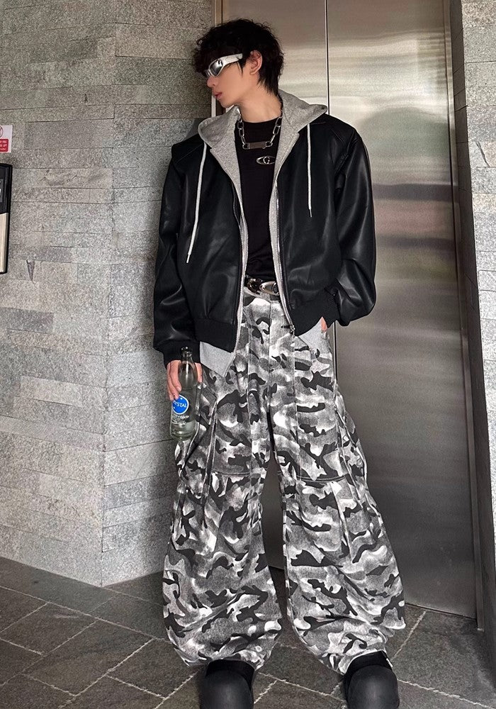 【MARTHENAUT】Dark monotone camouflage color design wide cargo pants  MH0039