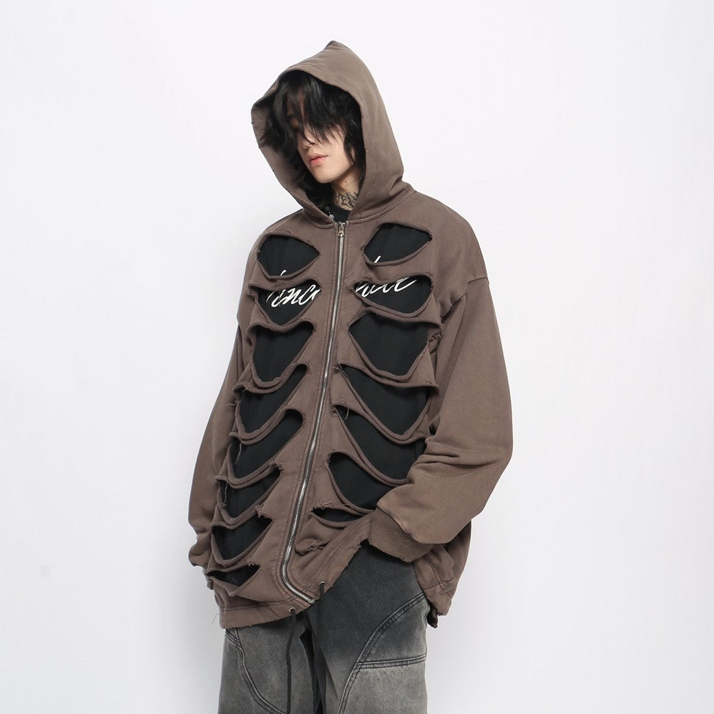 【Mz】Double layer bone-like gimmick design damage wide hoodie  MZ0037