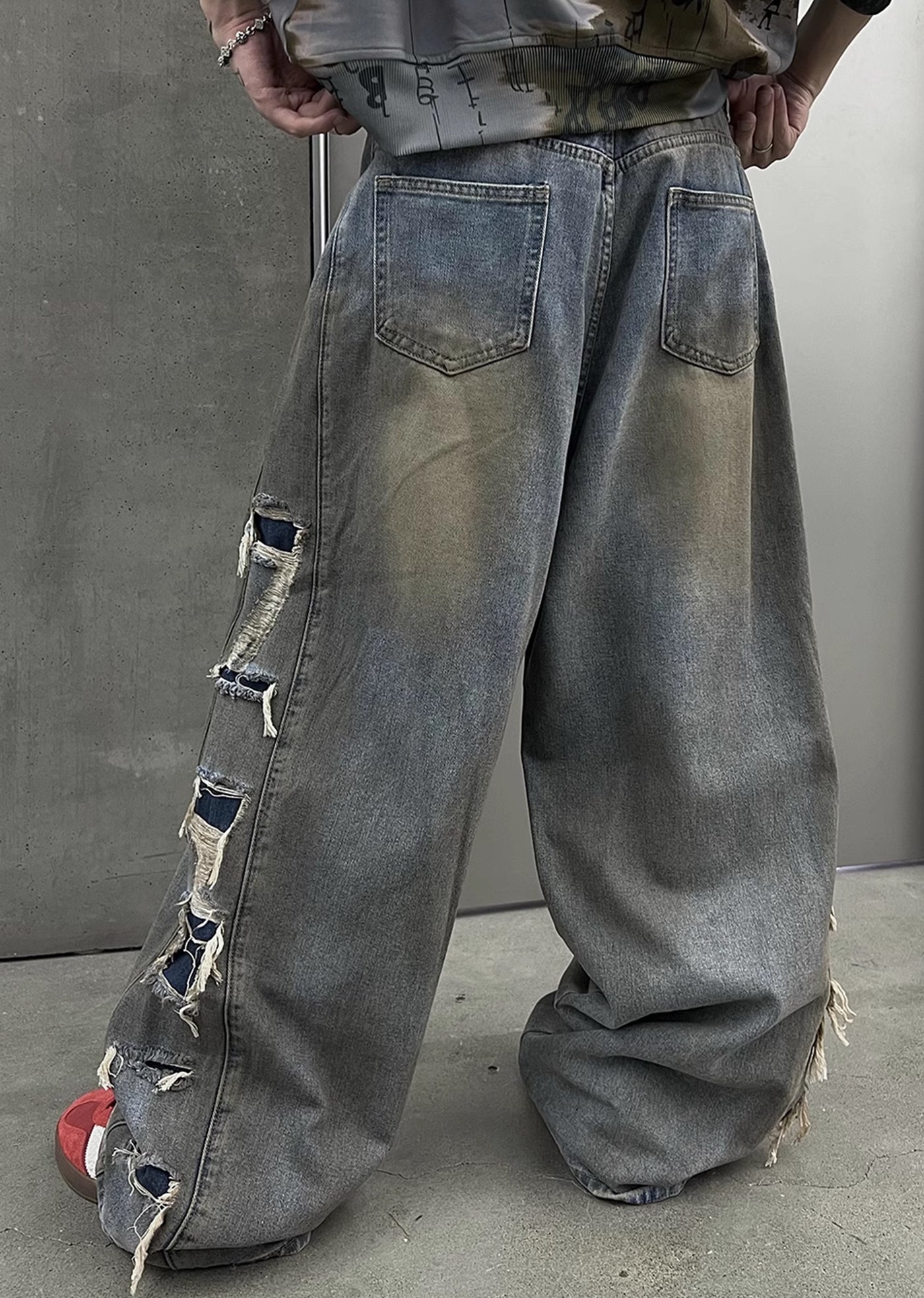 【SOULWORKER】Dull wash finish soil stain color wide denim pants  SW0023