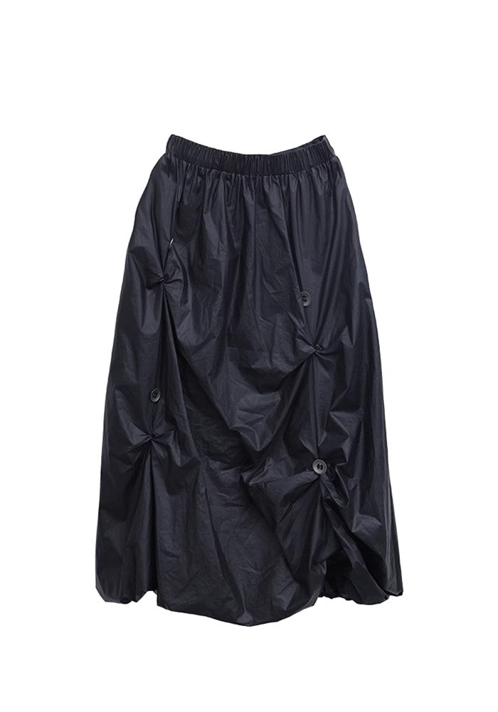 【FUZZYKON】Special tuck design silhouette black wide poncho style skirt pants  FK0033