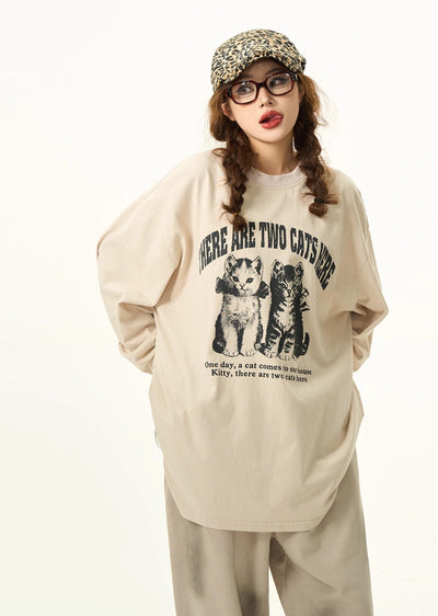 【H GANG X】Front cat design dull base color wash long sleeve T-shirt  HX0063