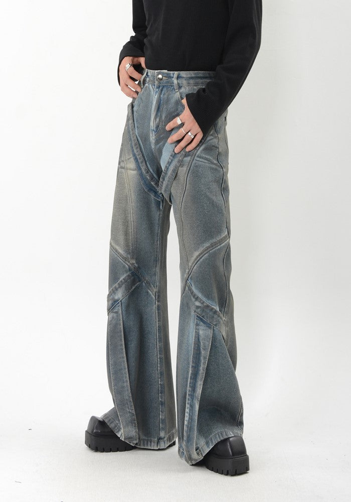 【LUCE GARMENT】Full line design dark dull design wide flare denim pants  LG0059