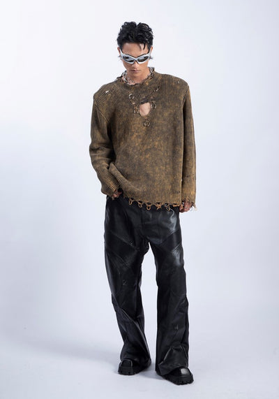 【PLAN1ONE】Tight silhouette mid-length distressed long-sleeved T-shirt  PL0042