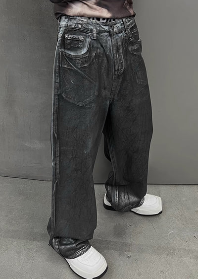 【SOULWORKER】Dark grey glossy design wide flare style denim pants  SW0030