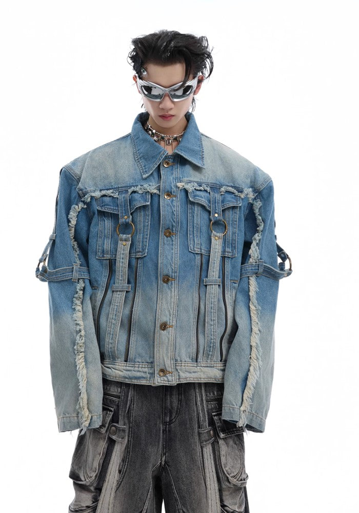 【Culture E】Washed distressed gimmick silhouette design denim jacket  CE0159