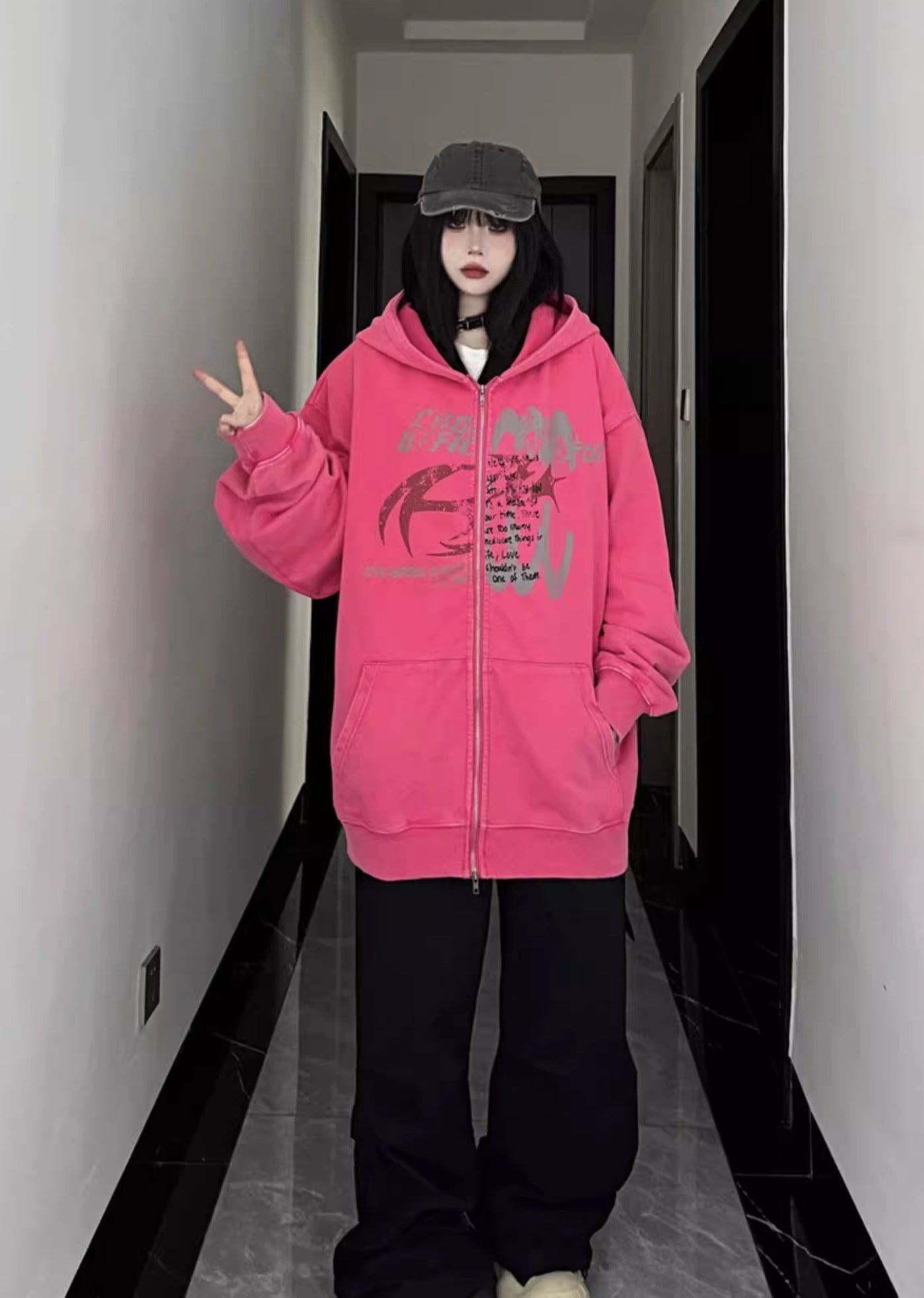 【W3】Double half and half gimmick design full zip grunge hoodie  WO0074