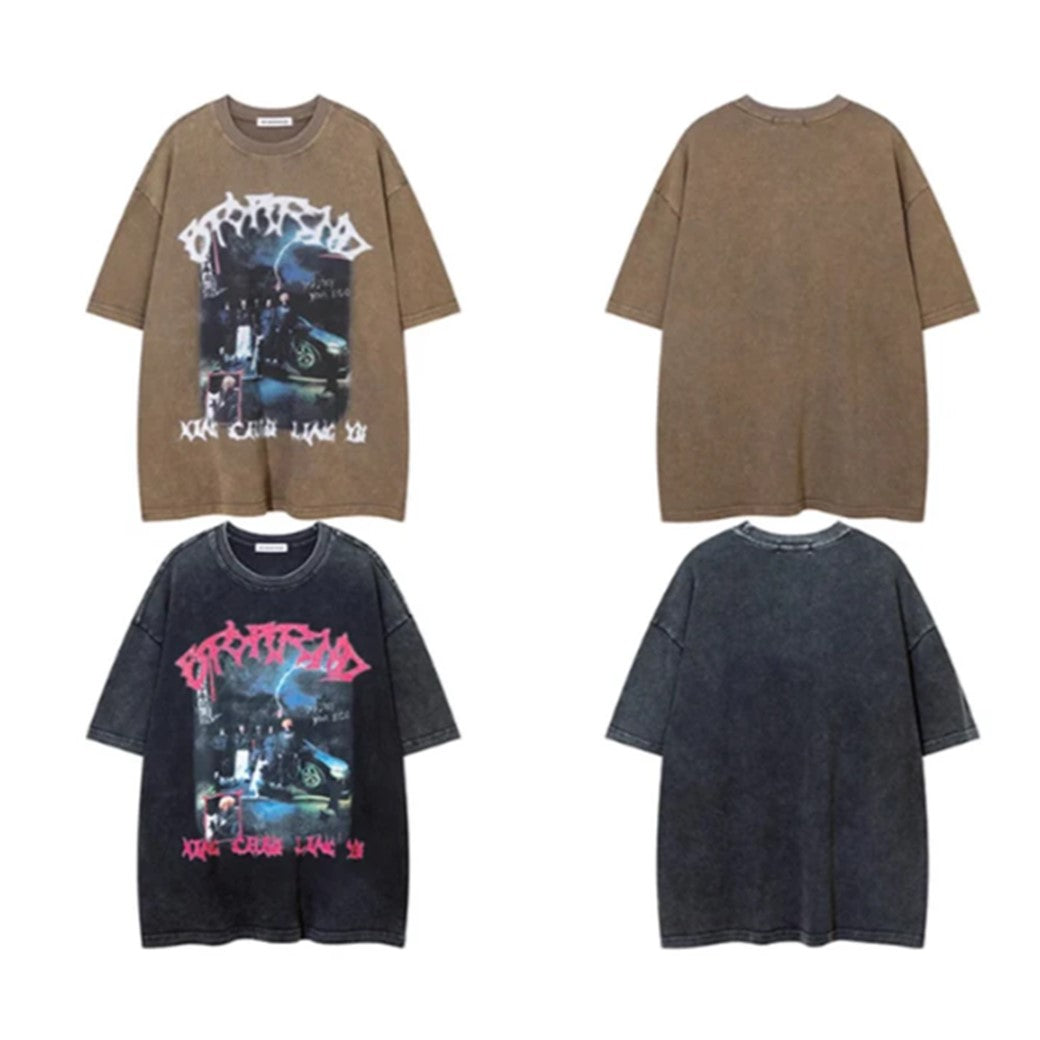 [NIHAOHAO] Dark grunge style design wide over short sleeve t-shirt NH0115