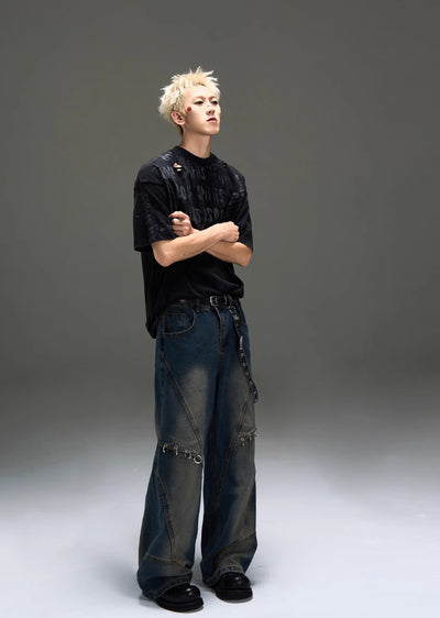 【MAXDSTR】Single suspender design random wash wide denim pants  MD0171