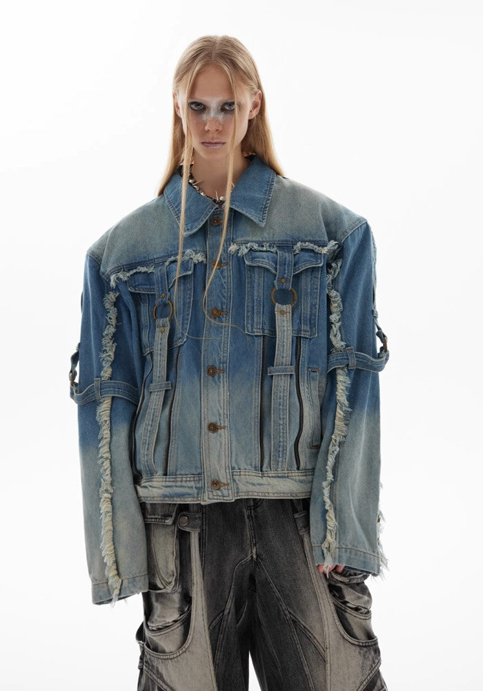 【Culture E】Washed distressed gimmick silhouette design denim jacket  CE0159