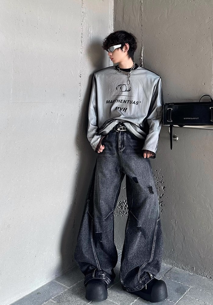 【MARTHENAUT】Double fabric design two-style see-through long sleeve T-shirt  MH0041