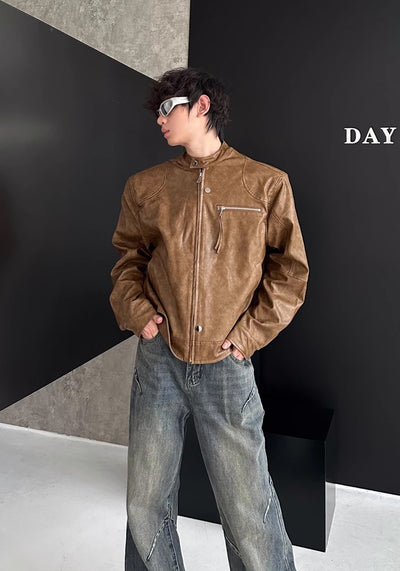 【MARTHENAUT】Basic design high neck silhouette synthetic leather jacket  MH0038