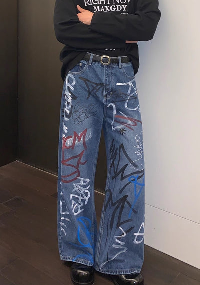 【CUIBUJU】Countless graffiti design casual street wide denim pants  CB0052