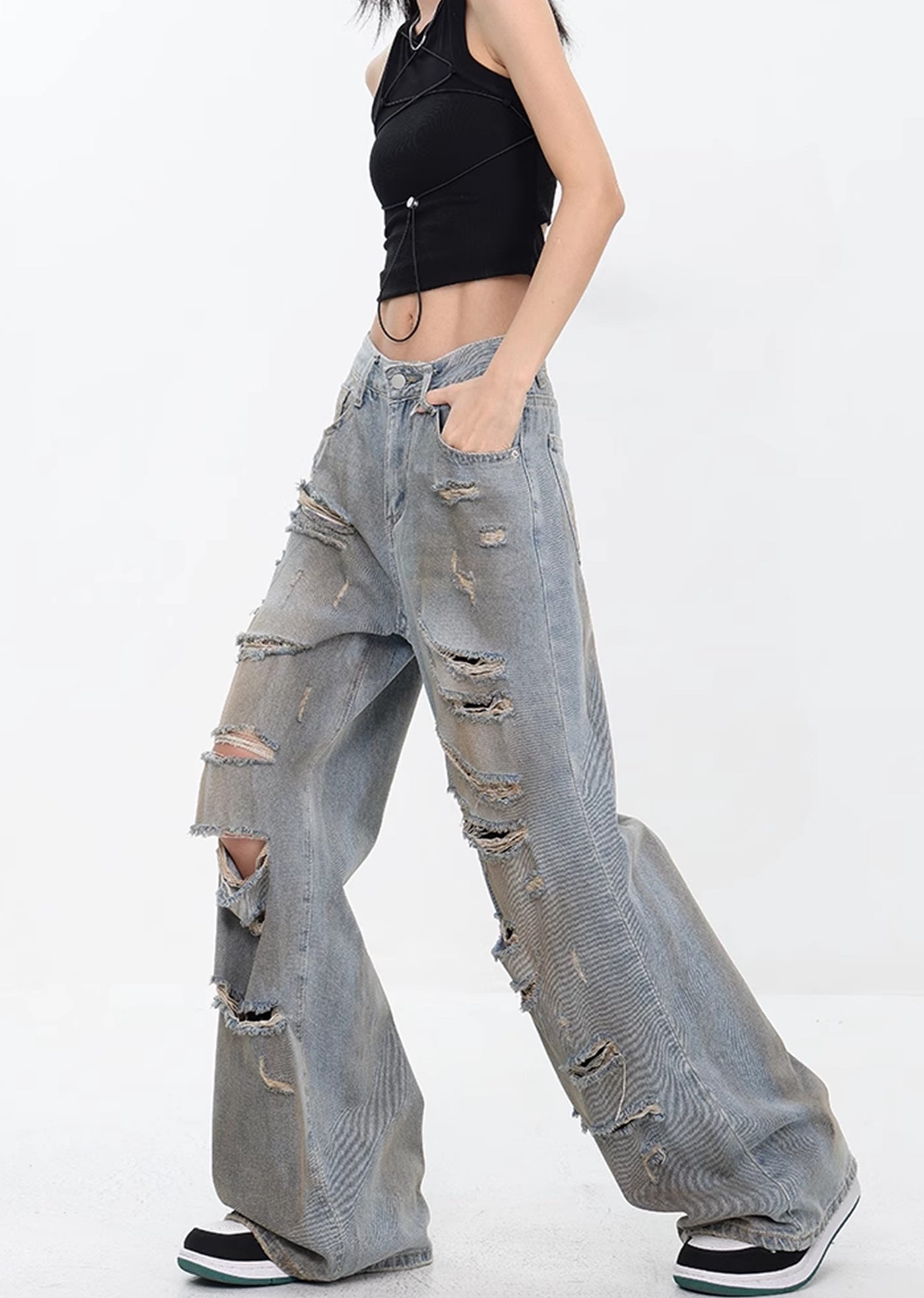 【Ken studio】Grunge-style distressed tattered style denim pants  KS0010