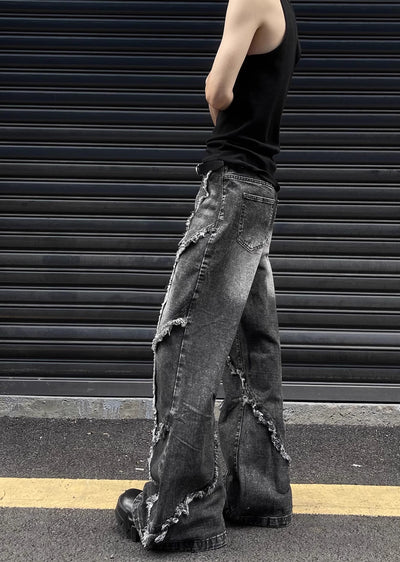 【MAXDSTR】Fringe distressed line black high wide denim pants  MD0141