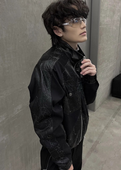 【SOULWORKER】Black Gimmick Leather Wide Full Zip Jacket Outerwear  SW0019