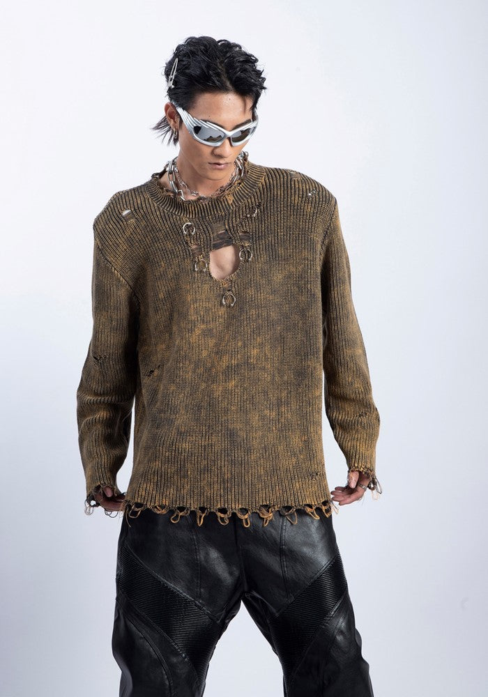 【PLAN1ONE】Tight silhouette mid-length distressed long-sleeved T-shirt  PL0042