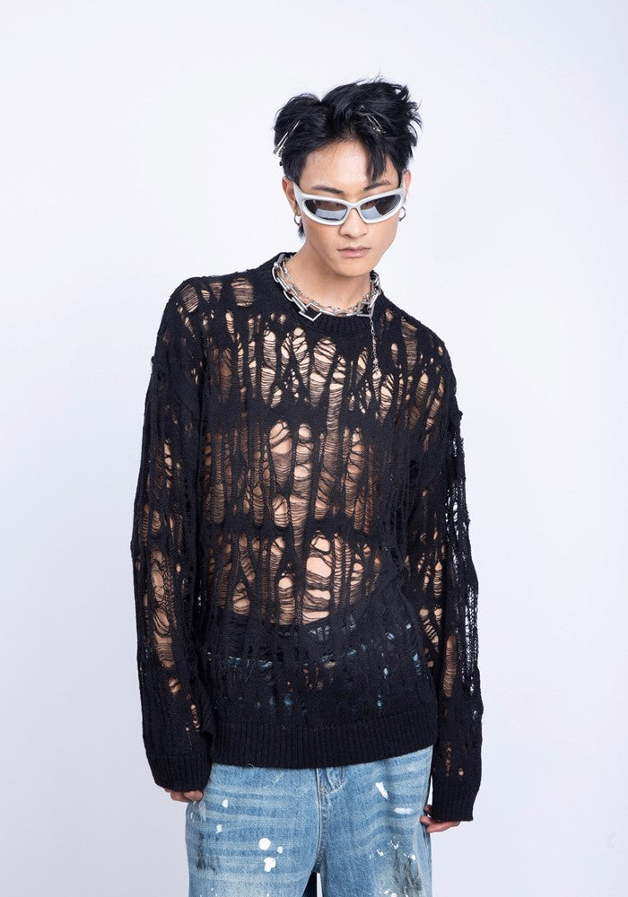 【PLAN1ONE】Mesh-like fully distressed accent fleur knit sweater  PL0044