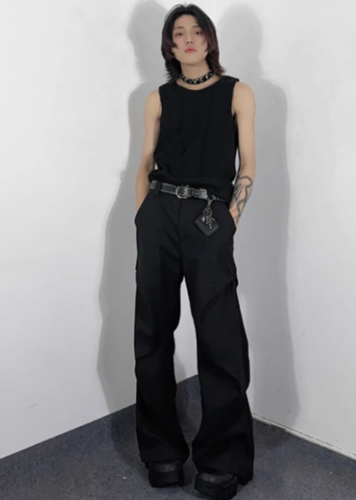 【76street】Distinctive silhouette design wide flare slacks pants  ST0012