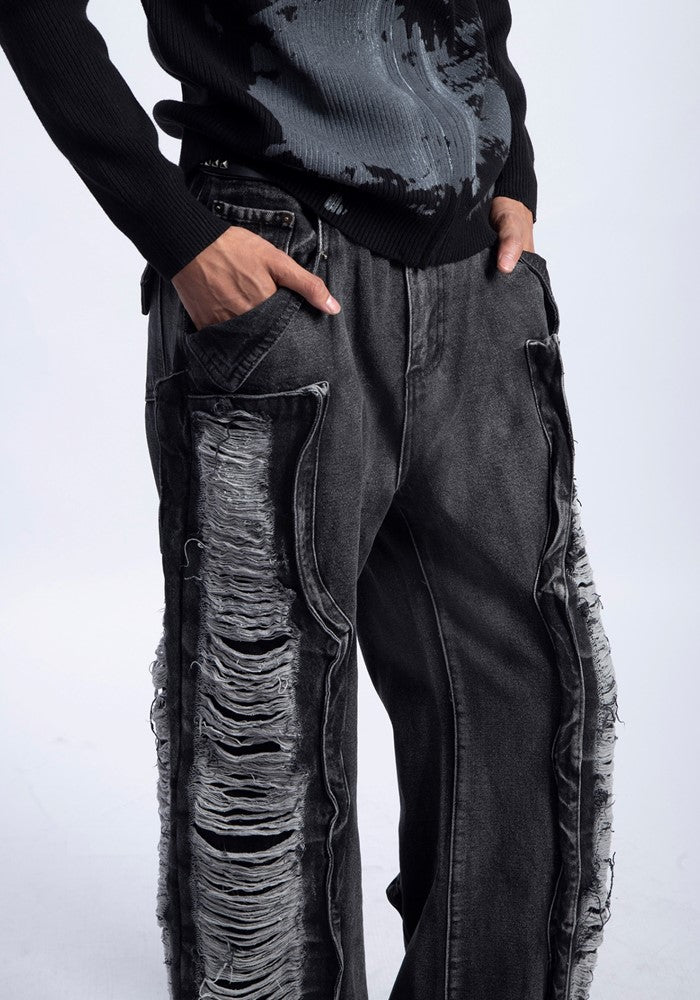 【PLAN1ONE】Side damage processing gimmick design wide straight denim pants  PL0038