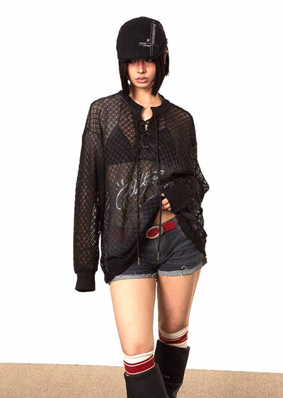 【BLACK BB】See-through design active style mesh long sleeve T-shirt  BK0026